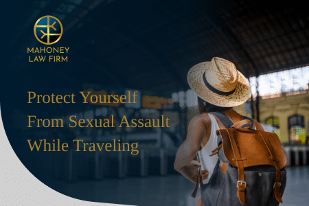 Woman with backpack in foreign country with text "Protect Yourself From Sexual Assault While Traveling"